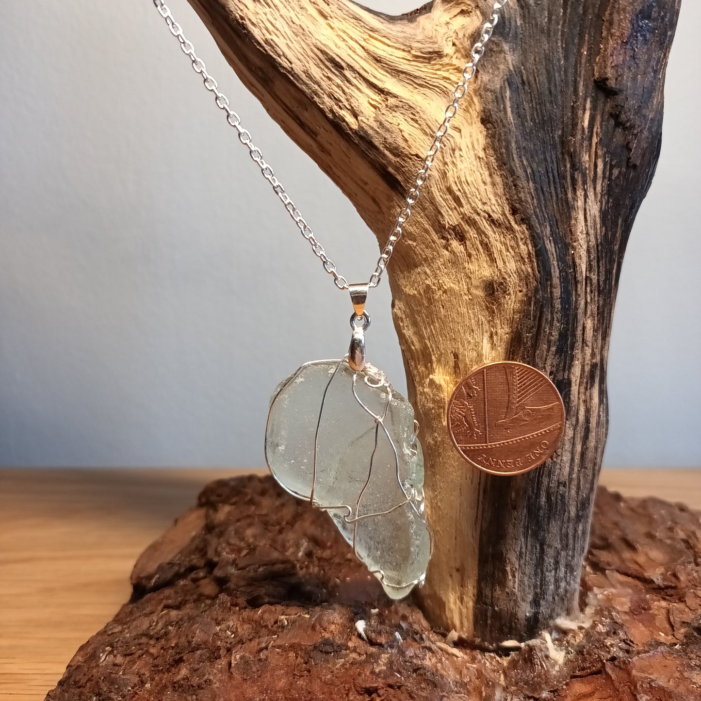 White Sea Glass wire wrapped Pendant Necklace