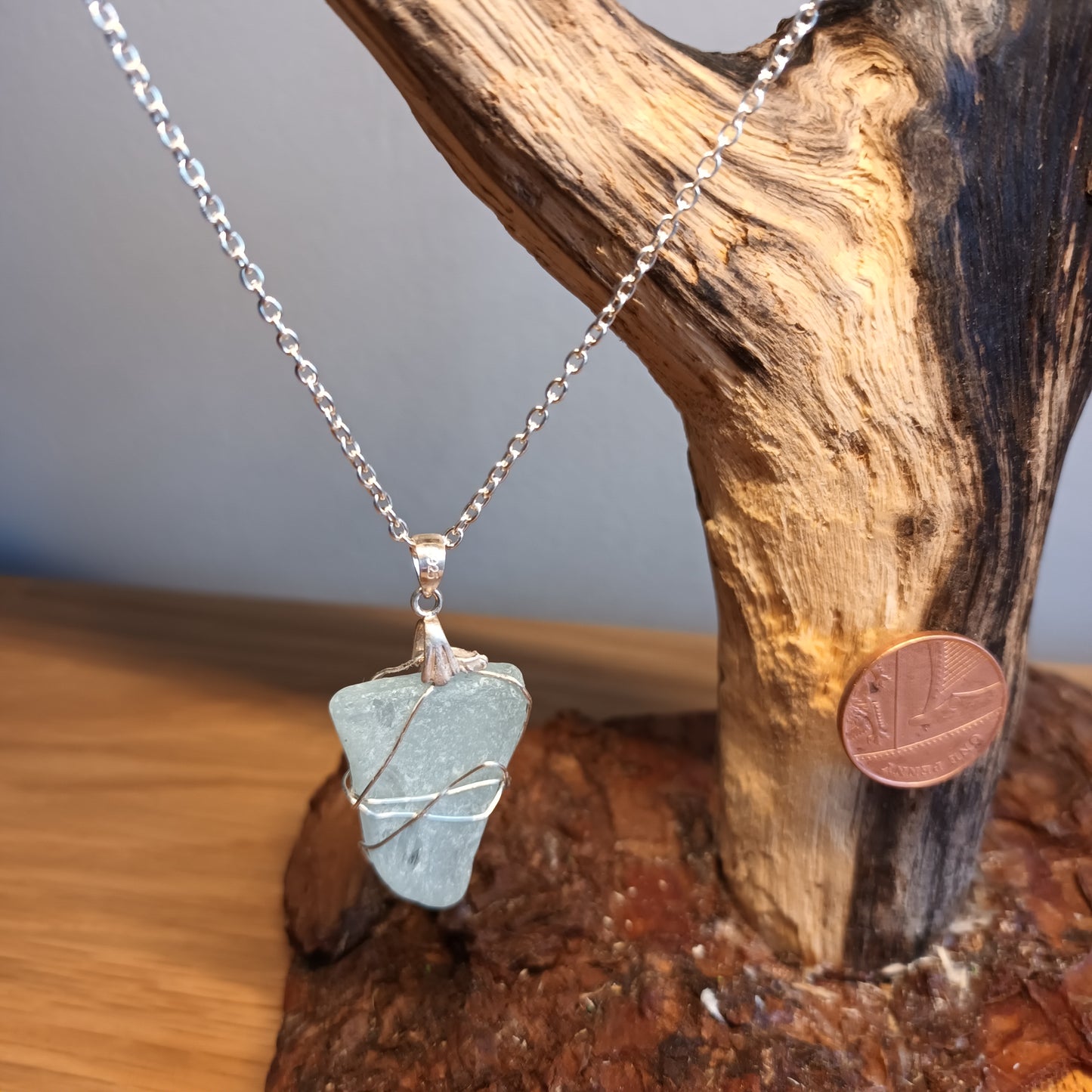 White seaglass. Wire wrapped. Pendant neckla e