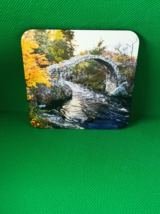 Autumn view of the Old Pack Horse Bridge at Carrbridge Coaster.