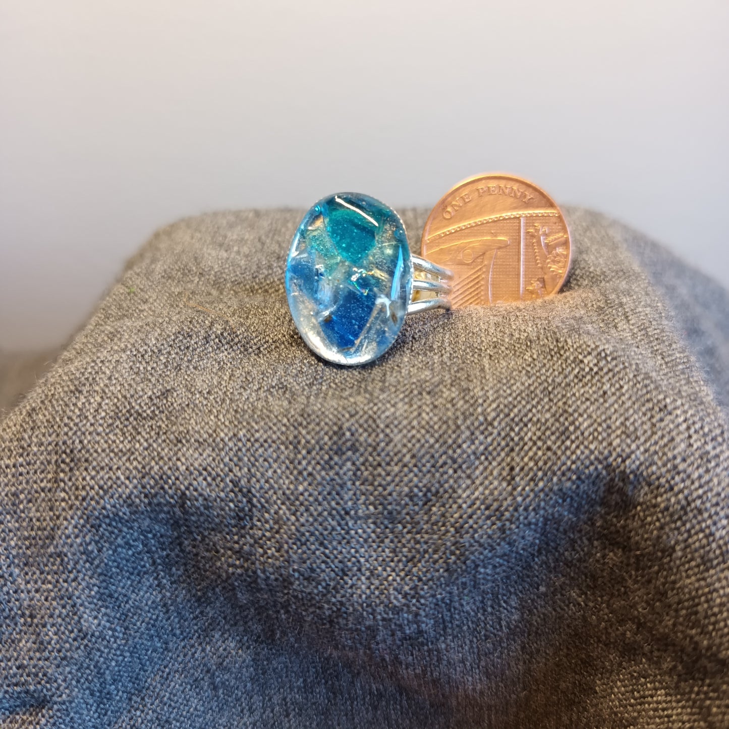 Cornflower and Aqua Blue Sea Glass Oval Gem Ring