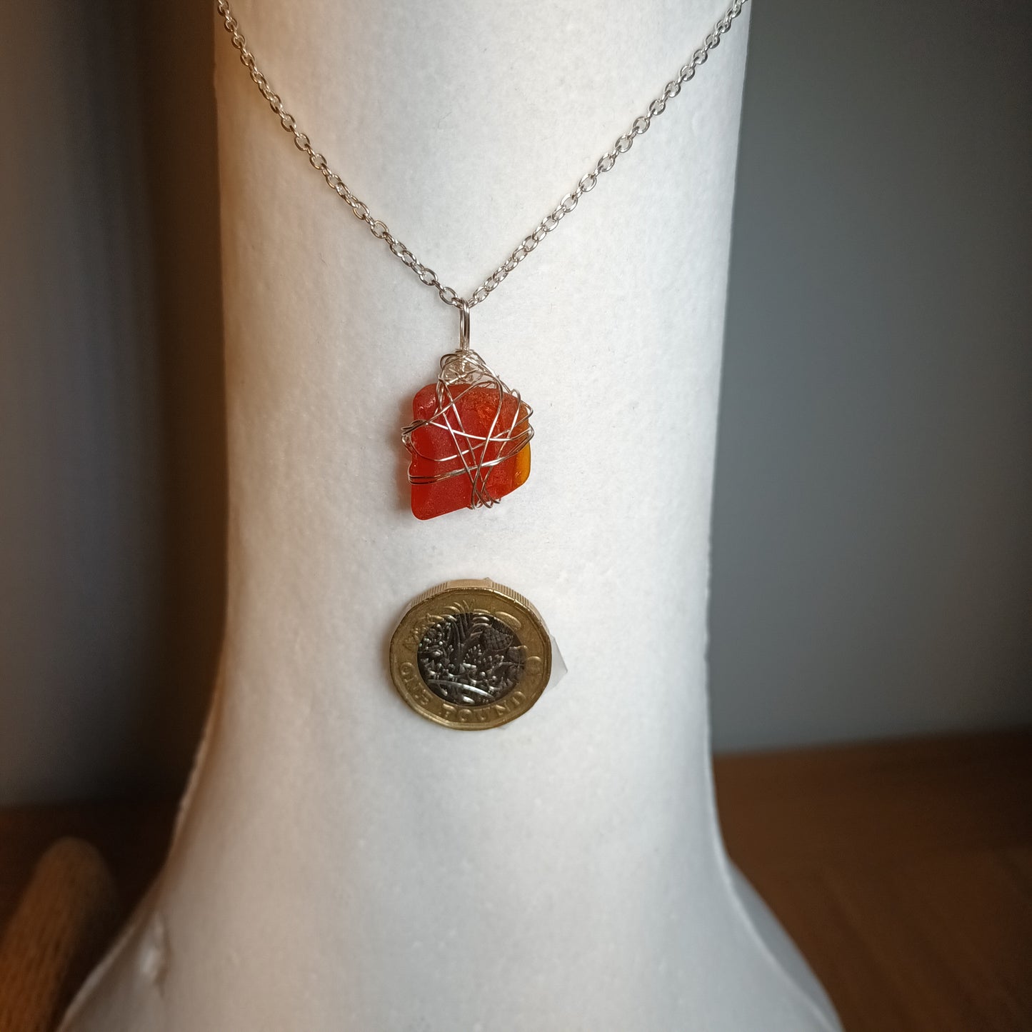 Unique Red (one off) Seaglass Pendant Necklace with silver plated chain.
