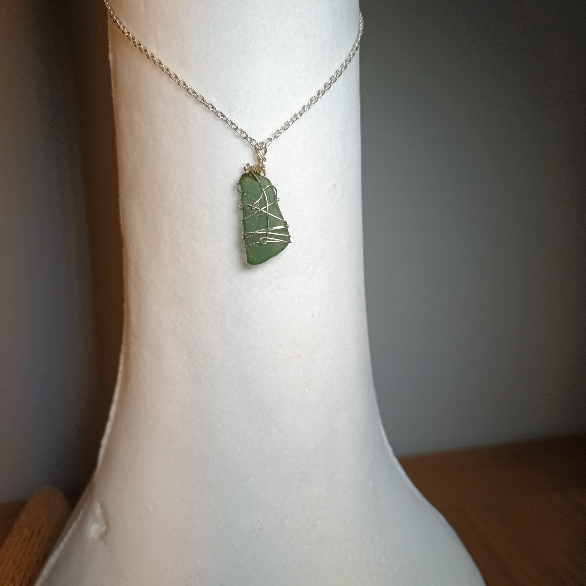 Green Seaglass wire wrapped pendsnt necklace 