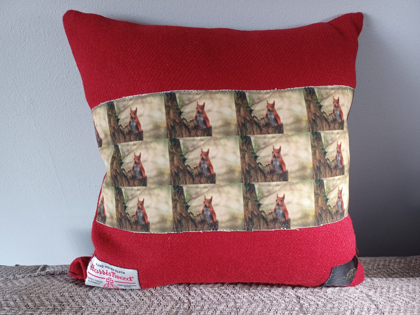 Red Harris Tweed® Cushion 16 inchs x 16 inchs with Red Squirrel design