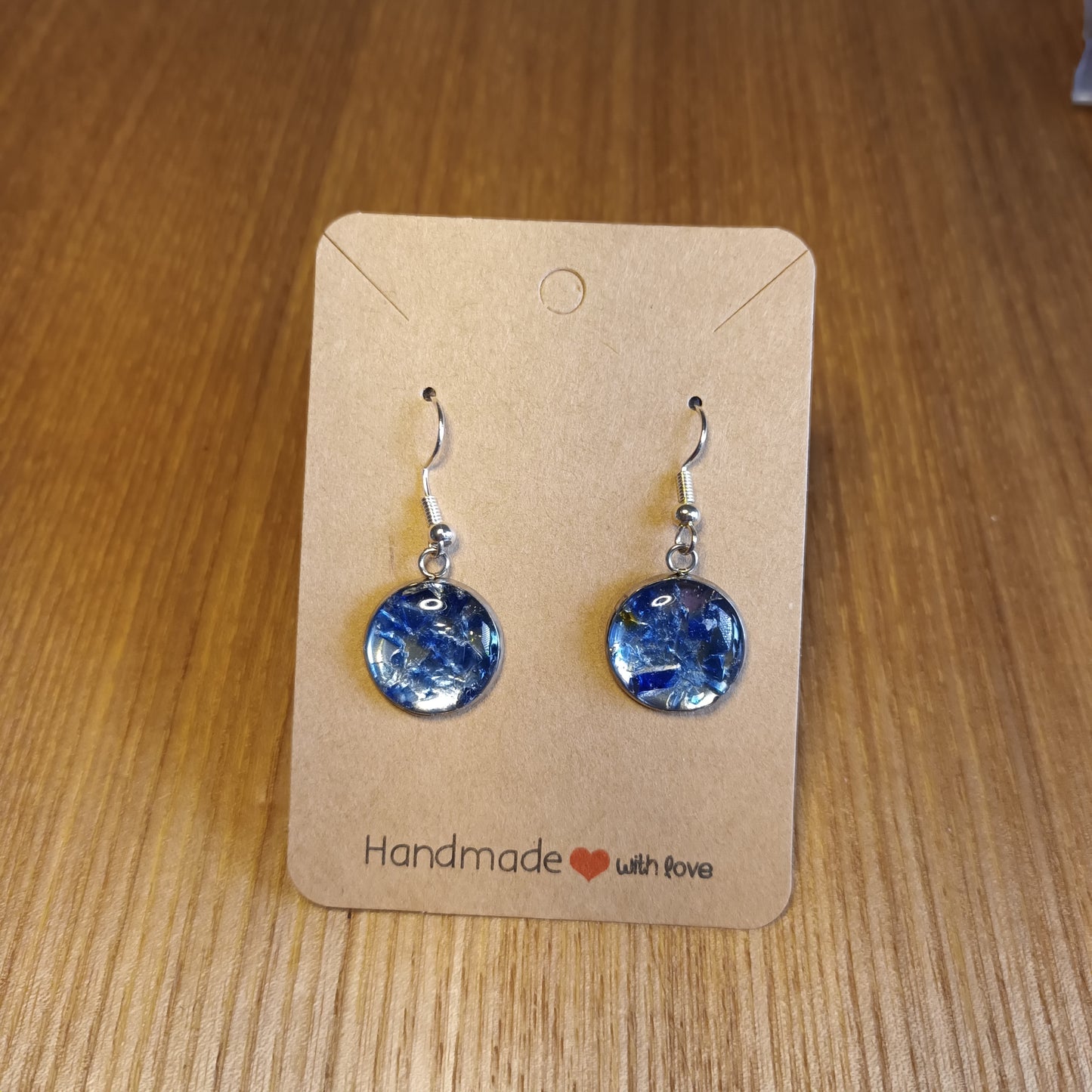 Blue Seaglass 14mm round pendant drop earrings