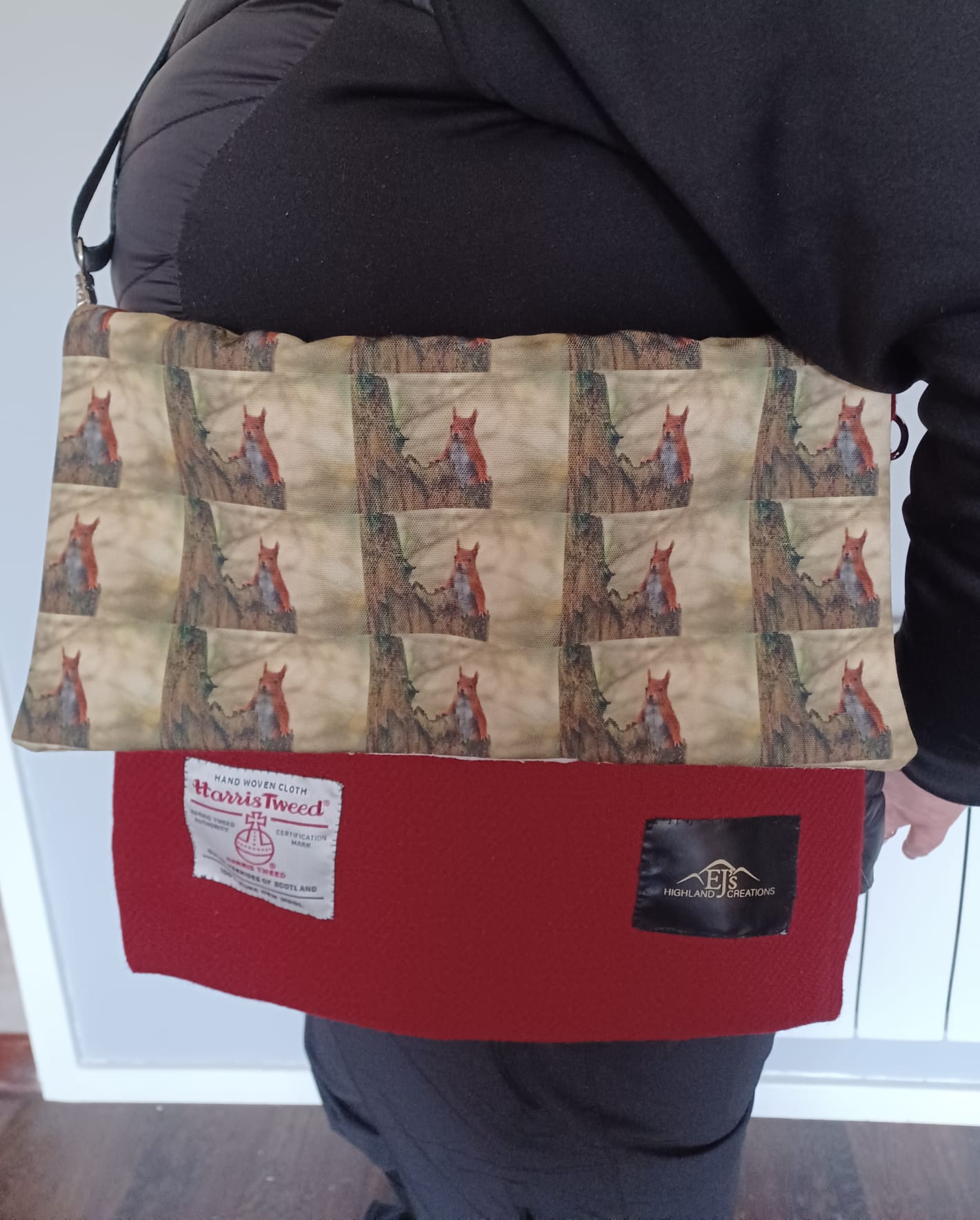 Red Harris Tweed® messenger bag with Red Squirrel design.