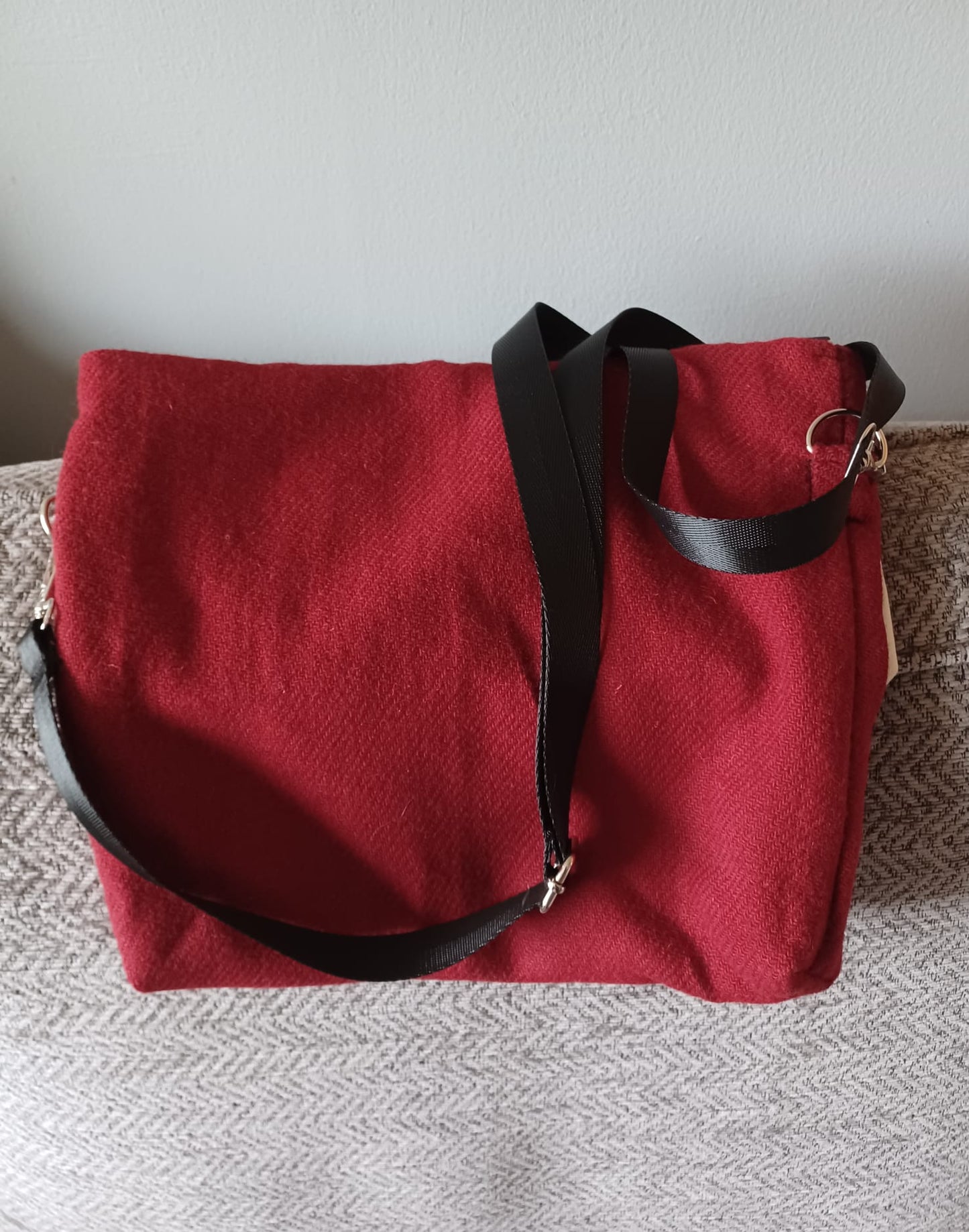 Red Harris Tweed® messenger bag with Highland Cow design.