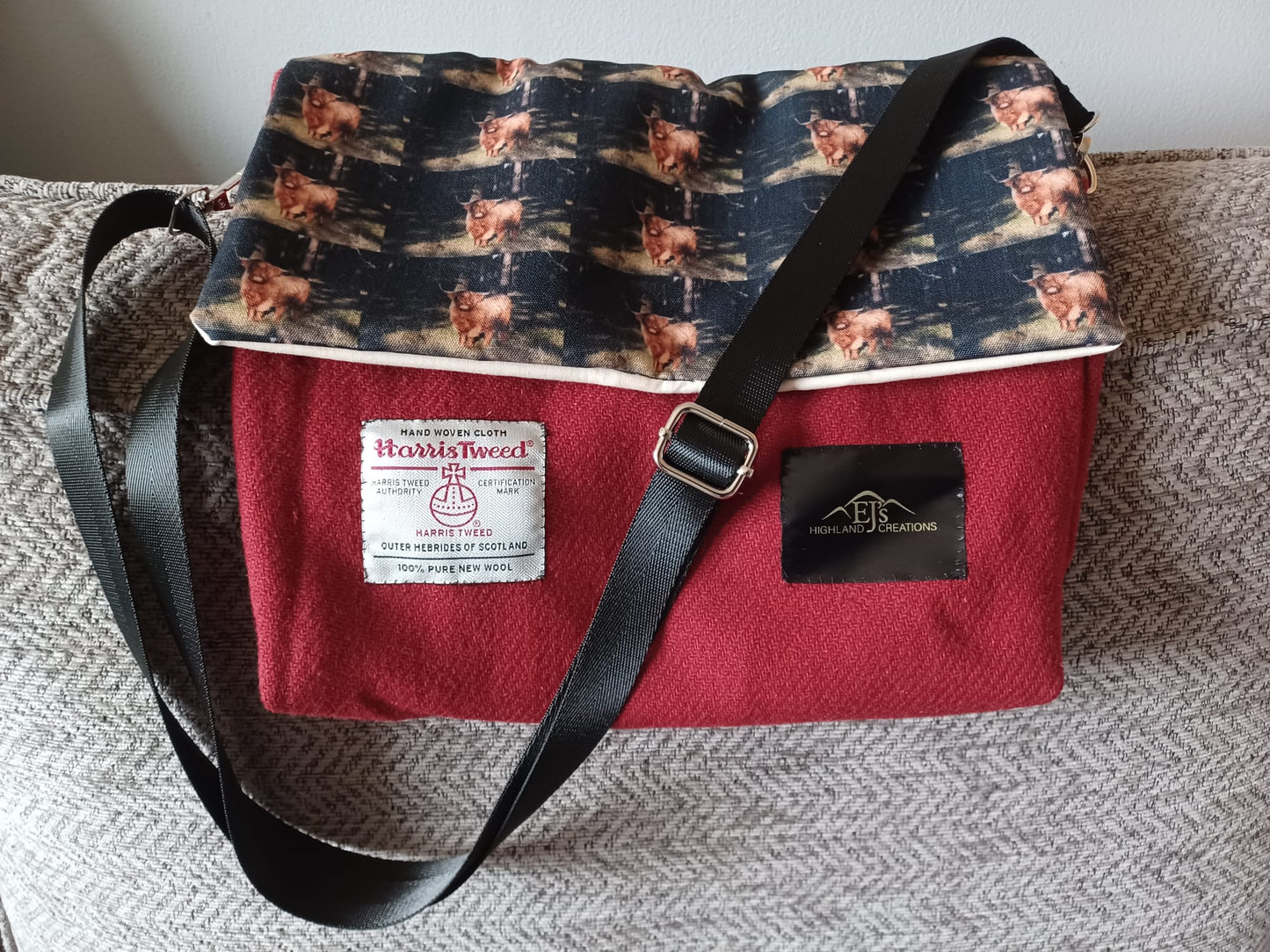 Red Harris Tweed® messenger bag with Highland Cow design.